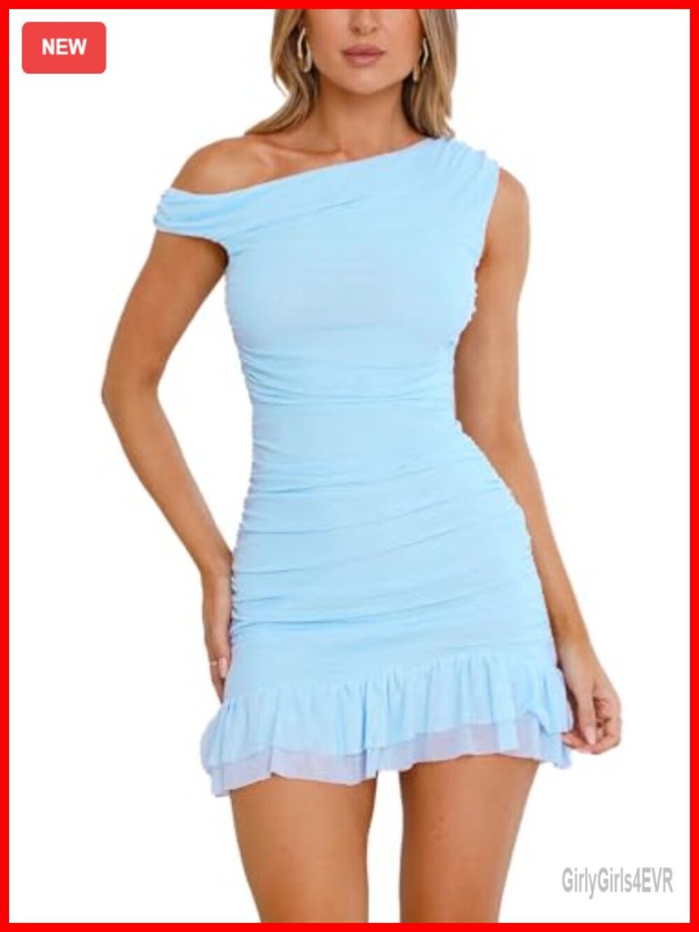 Off The Shoulder Bodycon Mini Dress Sleeveless Ruched Mesh Ruffle Hem Club